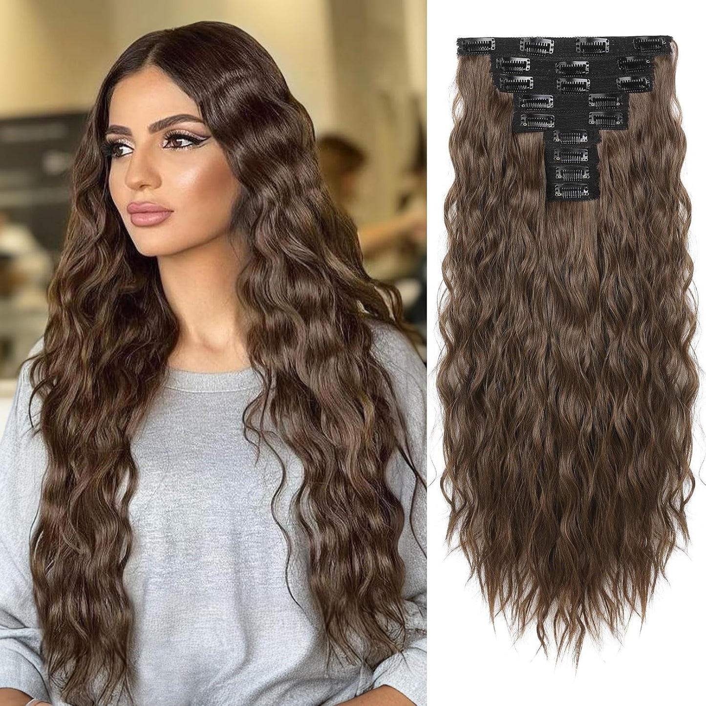 Clip In Hair Extensions - 5PCS Ash Blonde Highlights | 24" Thick Loose Waves, Soft & Natural Hairpieces for Women