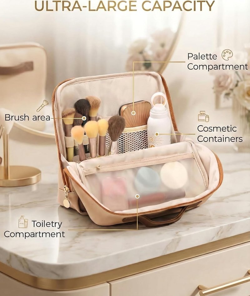 Large Makeup Bag - Sturdy PU Leather Cosmetic Organizer with Fold-Down Phone Tray | Waterproof Travel Toiletry Case, 9.5 Inch, Brown