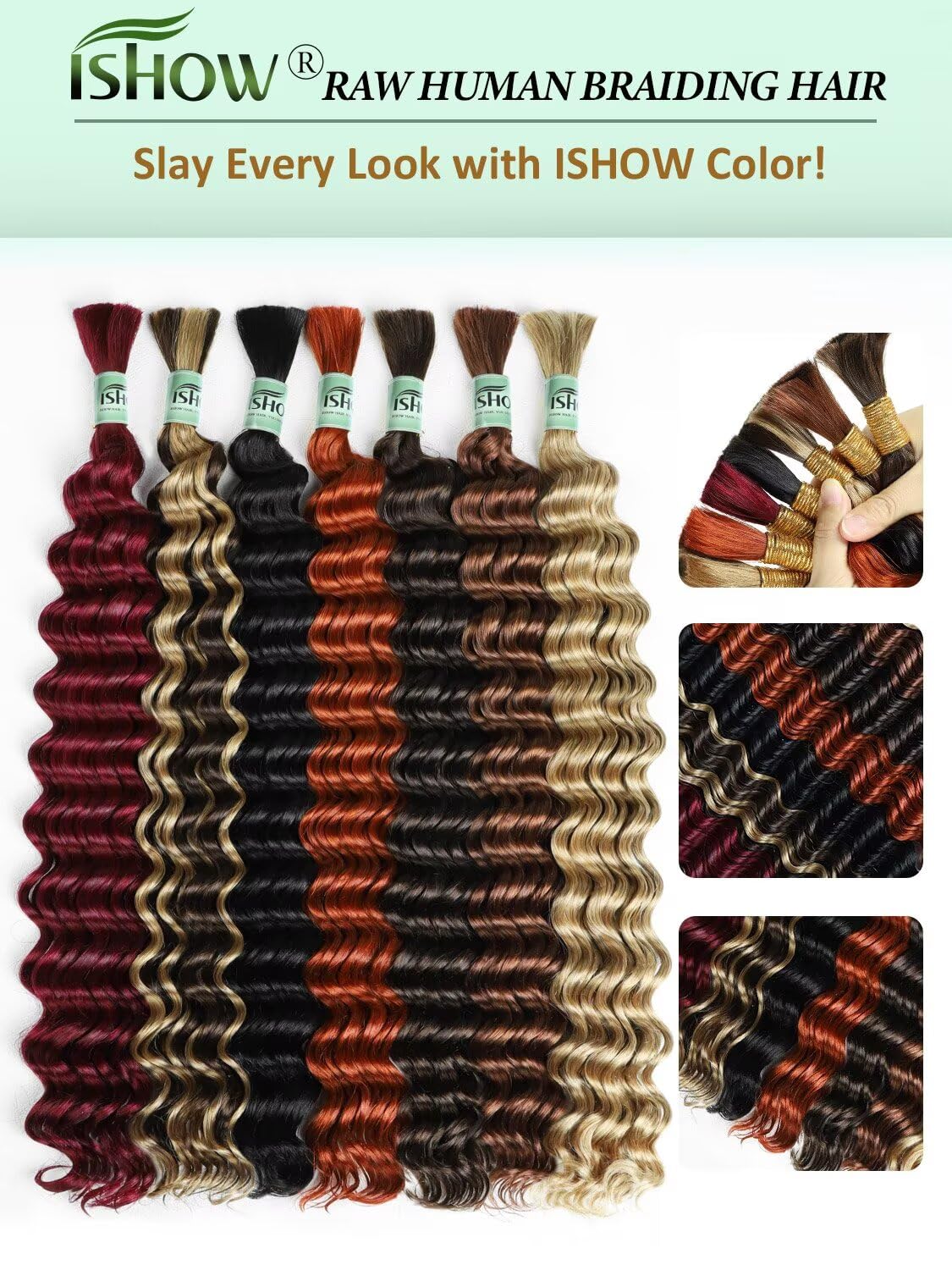 ISHOW Raw Human Braiding Hair, 100% Unprocessed Virgin Human Hair, 15A Deep Wave Boho Hair, 100g 16.01 Inch (2 Packs), NO.1 Premium Quality Boho Hair Producer, Long Lasting, Color 1B
