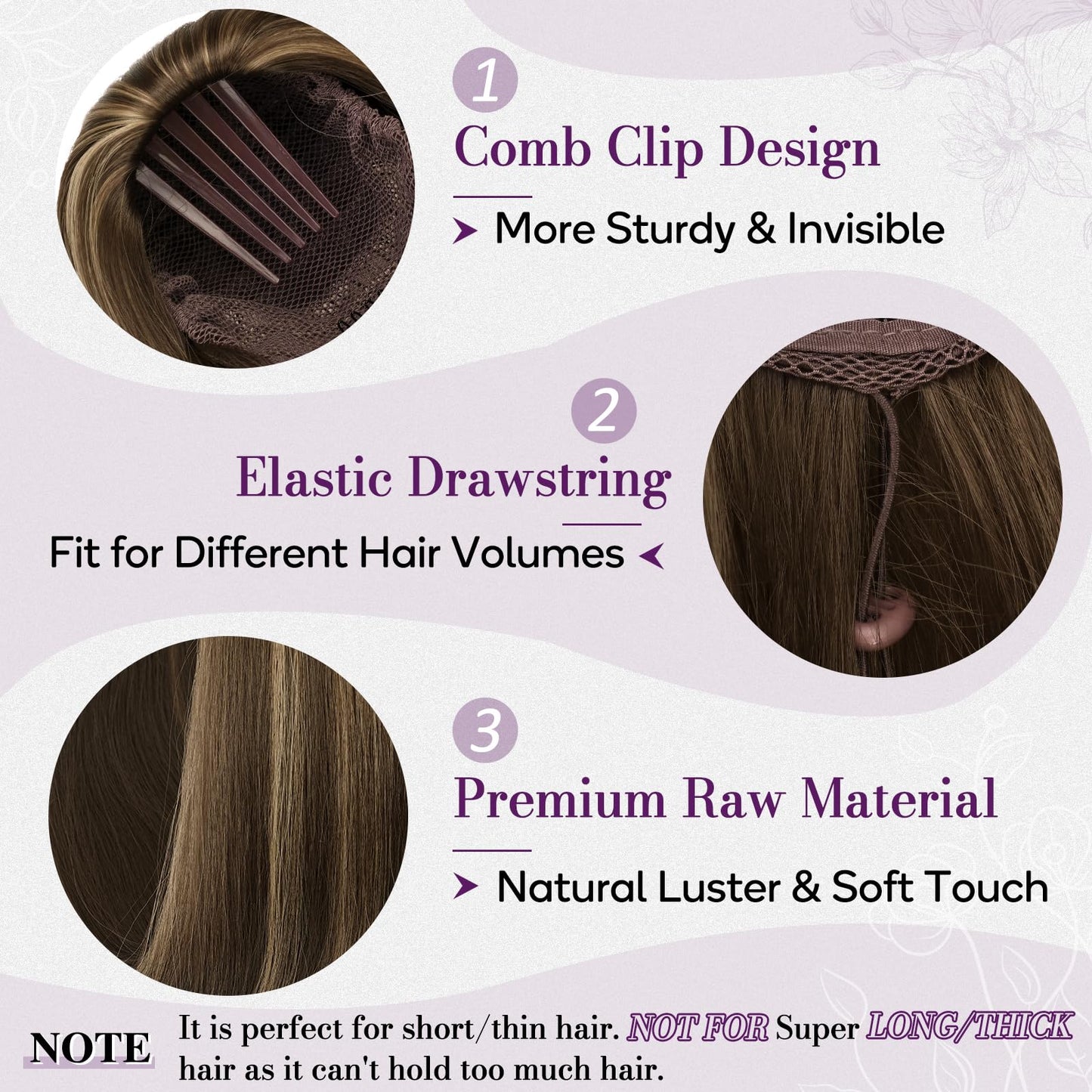 BARSDAR Straight Drawstring Ponytail Extension - 16 Inch Short Straight Ponytail Extension Natural Soft Synthetic Cheer Posh Pony Tails Hairpieces Daily Party Cheer Competition, Brown with Blonde