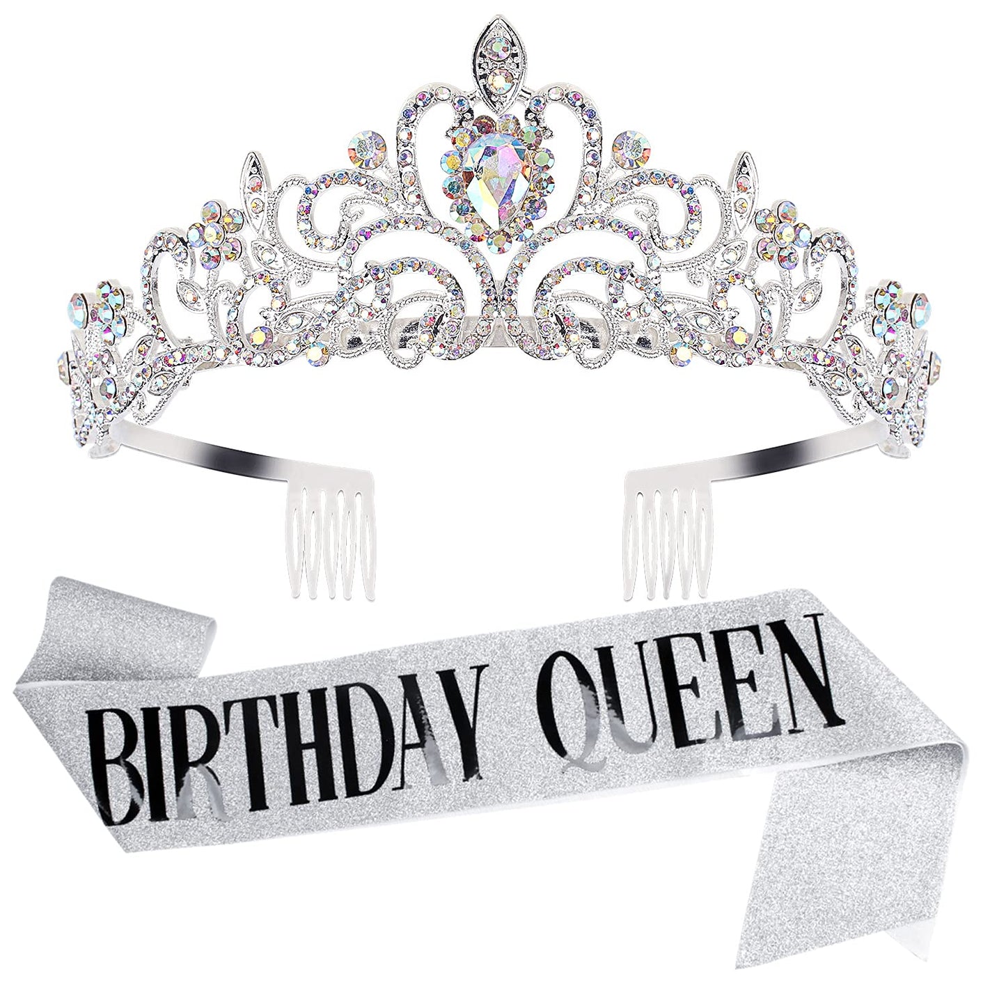 Velscrun Birthday Queen Tiaras Crown for Women, Girls Princess Crowns for Women, Queen Tiara for Mom, Silver Birth Crown Headband Birth Sash, 30th 40th 50th Birthday Prom Party Decorations for Mother