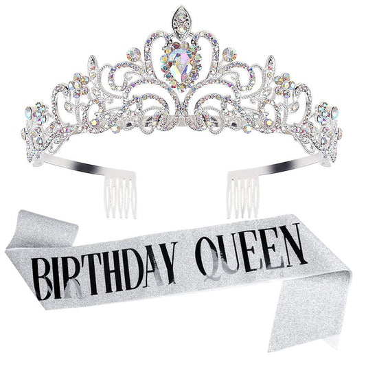 Velscrun Birthday Queen Tiaras Crown for Women, Girls Princess Crowns for Women, Queen Tiara for Mom, Silver Birth Crown Headband Birth Sash, 30th 40th 50th Birthday Prom Party Decorations for Mother