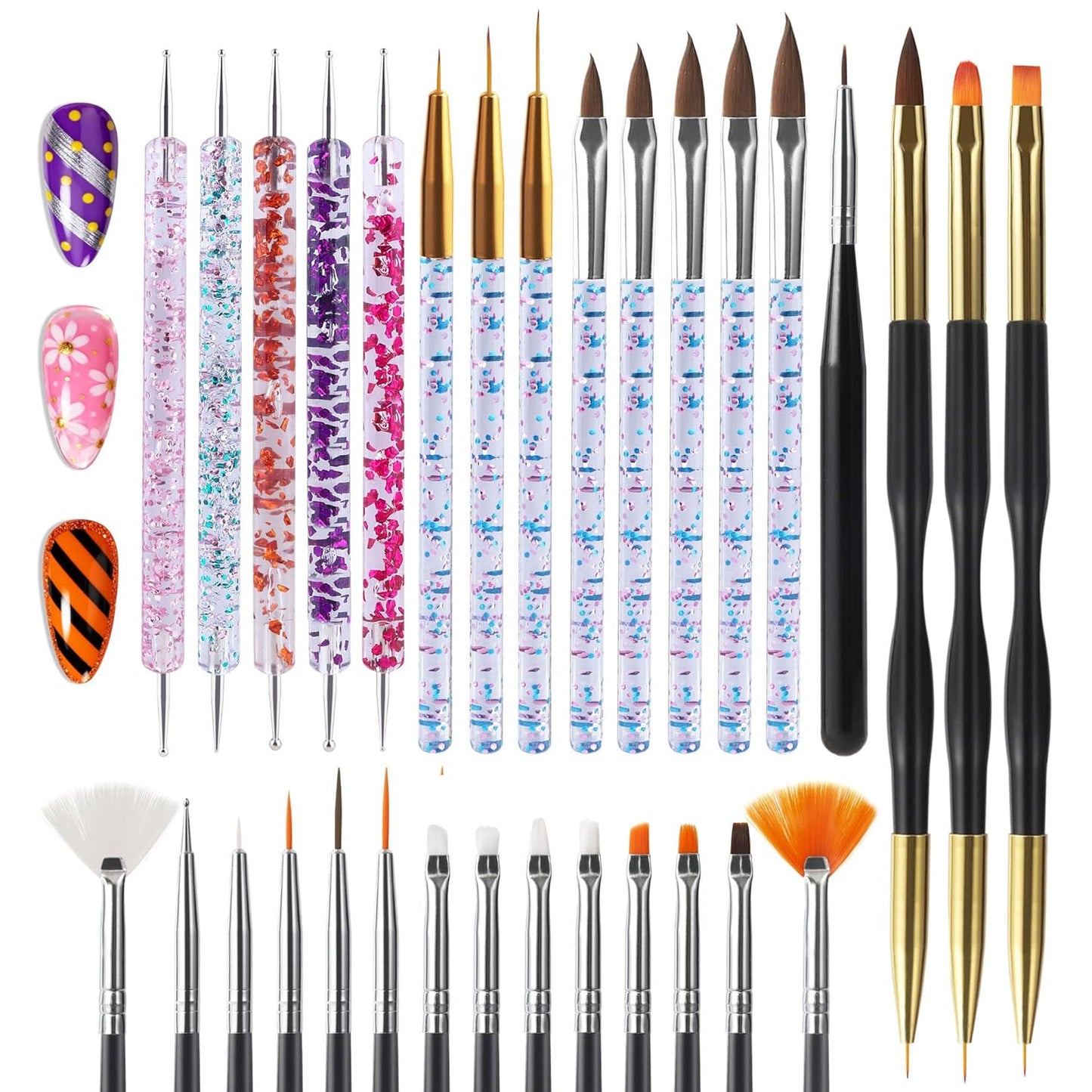 Artdone Nail Art Brush Set - 31 Pcs Professional Tools for Gel Polish Design | Dotting, Striping & Dust Brushes