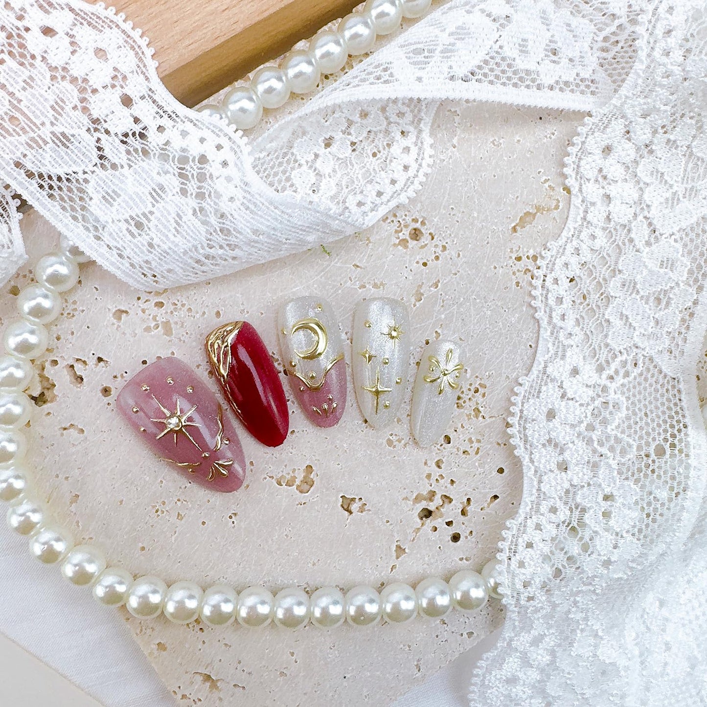 Almond Press-On Nails - Medium Length Pink French Tip with Gold Stars & Moon | 30 Pcs Full Cover Acrylic Nail Set for Women