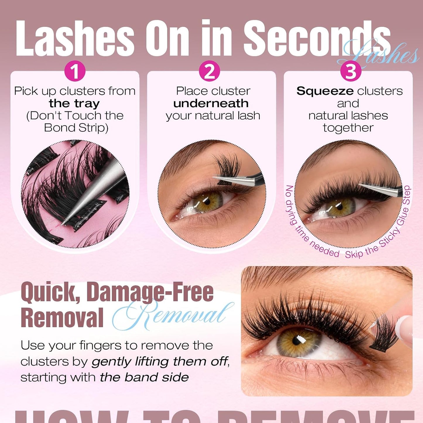 Self-Adhesive Lash Clusters - Fluffy Wispy Eyelash Extensions | No Glue Needed, 8-14mm D Curl Faux Mink Individual Lashes