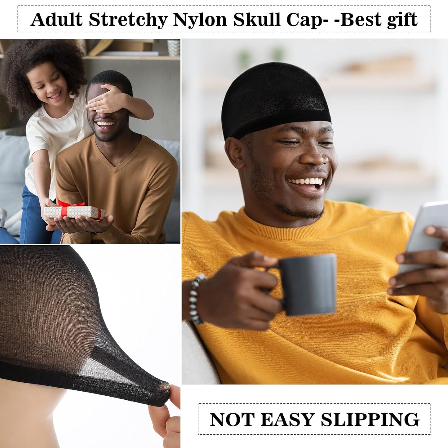 Stretchy Nylon Skull Wave Caps for Men - 10 Pcs Lightweight Beanie Set | Black