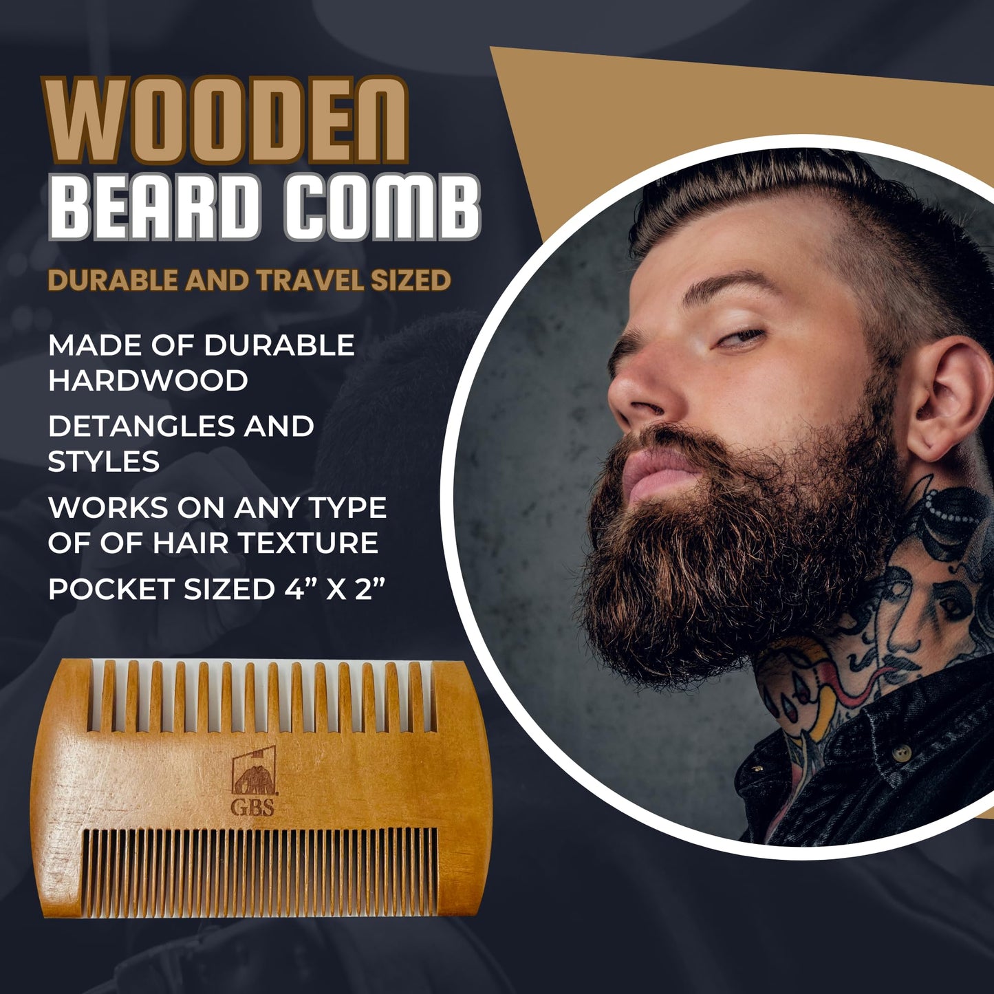 GENTS 2-Sided Wooden Beard & Mustache Comb with Fine & Coarse Teeth for Use with Balms, Wax and Oils - Pocket Sized