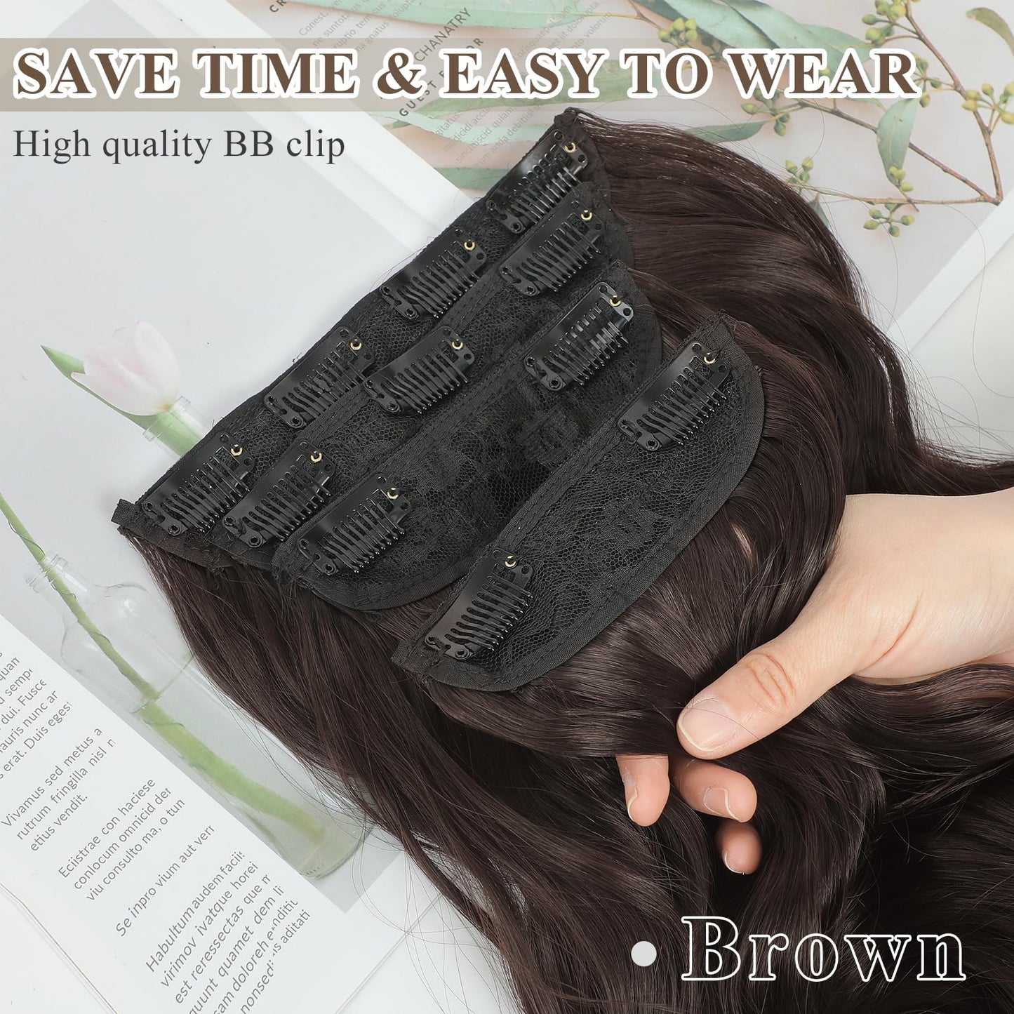 NAYOO 4PCS Brown Clip in Hair Extensions Long Wavy Curly Synthetic Thick Hairpieces for Women with Fiber Double Weft Hair Full Head（20 inch, Brown）