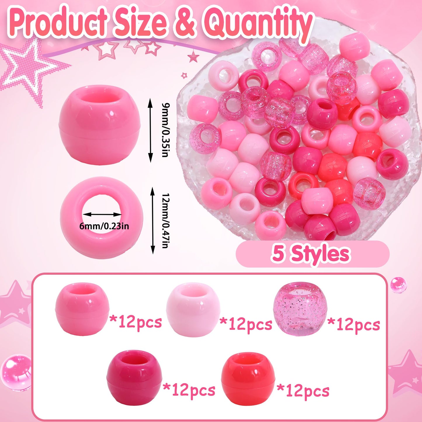 NAISKA 60PCS Pink Hair Beads Large Hole Bead for Hair 5 Colors Acrylic Round Dreadlock Beads Gradient Pink Braids Accessories for Kids Girls