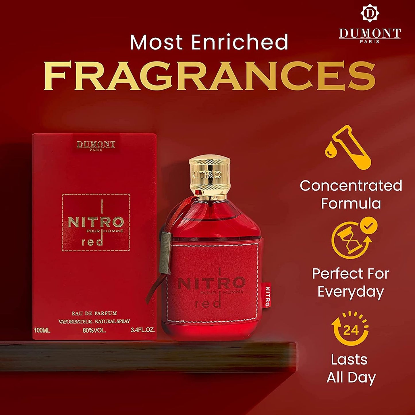 Dumont Nitro Red Eau De Parfum for Men - Rich Fruity Woody Floral Fragrance | 3.4 Fl Oz Long-Lasting Scent