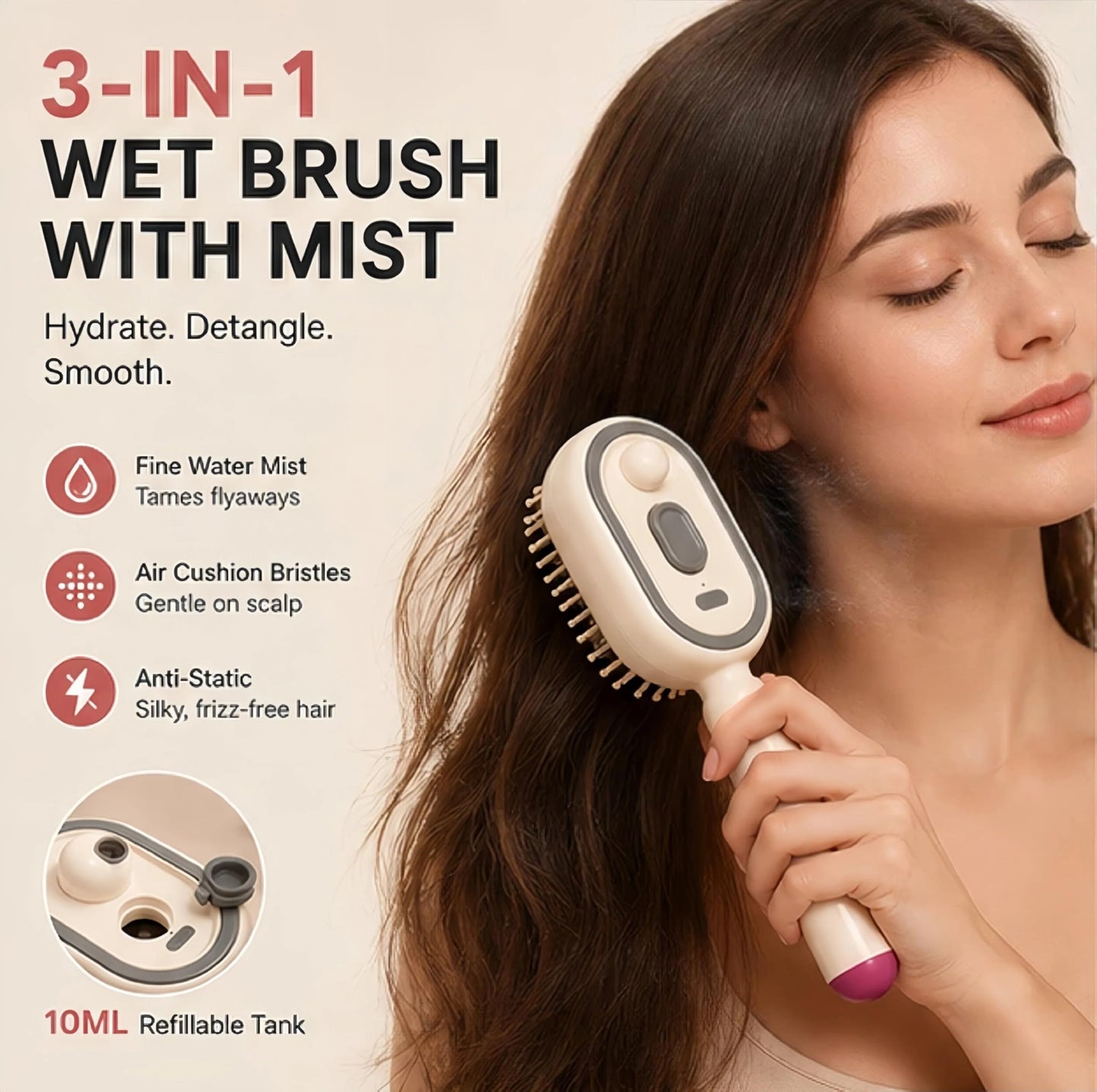 Electric Spray Air Cushion Massage Comb, 2026 Upgrade Air Cushion Brush with Self-Cleaning, Anti-Tangle, Anti-Static for Frizzy Hair & Scalp Care (Beige)