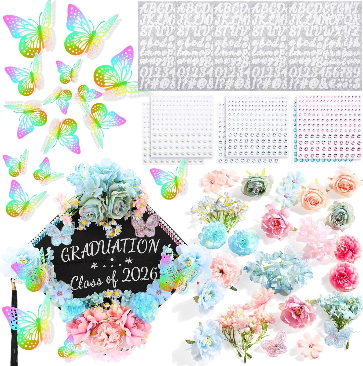 DIY Graduation Cap Decorations Kit - Faux Flowers, 3D Butterflies & Rhinestones | Pink Grad Cap Topper for 2026