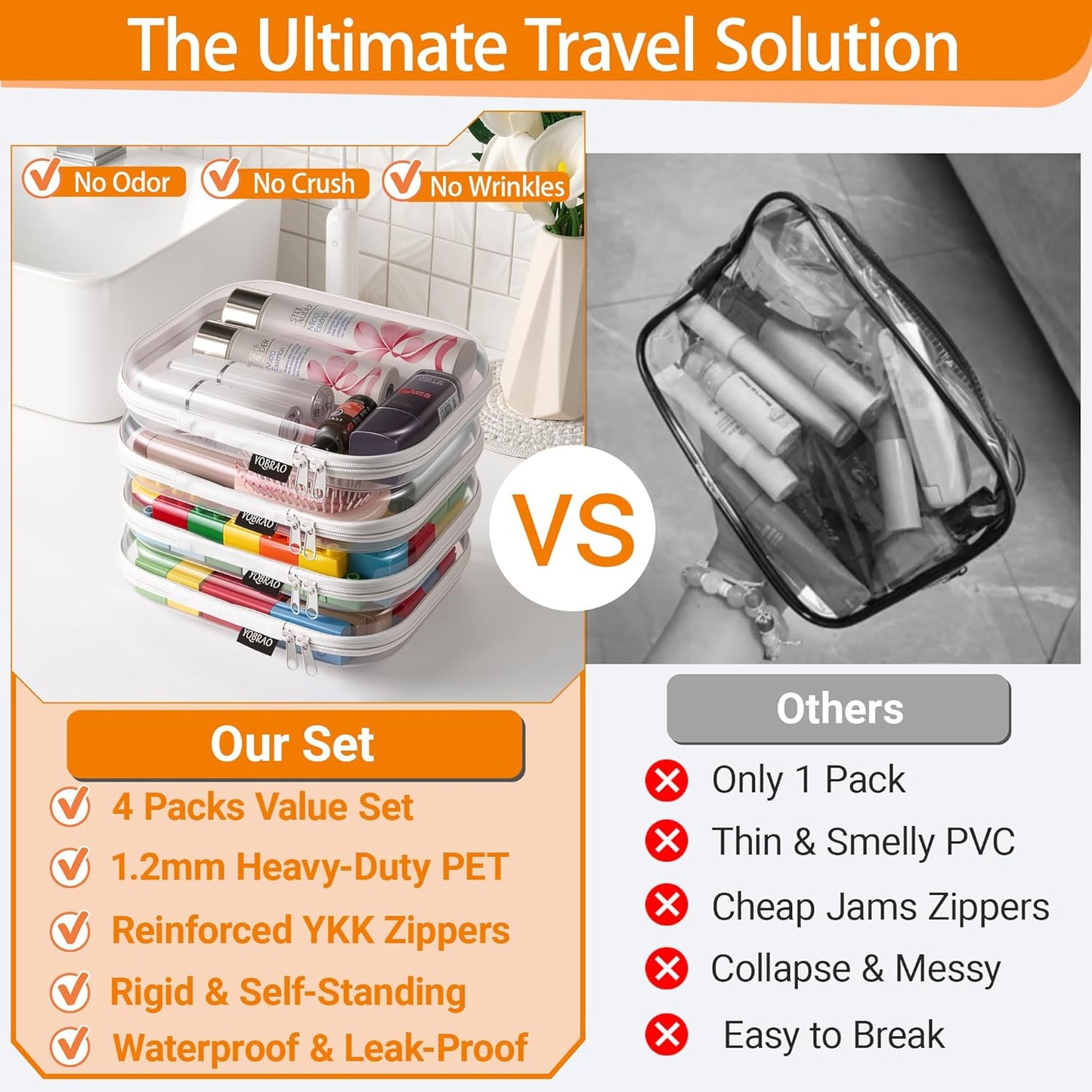 Clear Diaper Bag Organizer Pouches - 4-Pack Ultra-Thick PET Travel Bags | Rigid Self-Standing Design, TSA Approved
