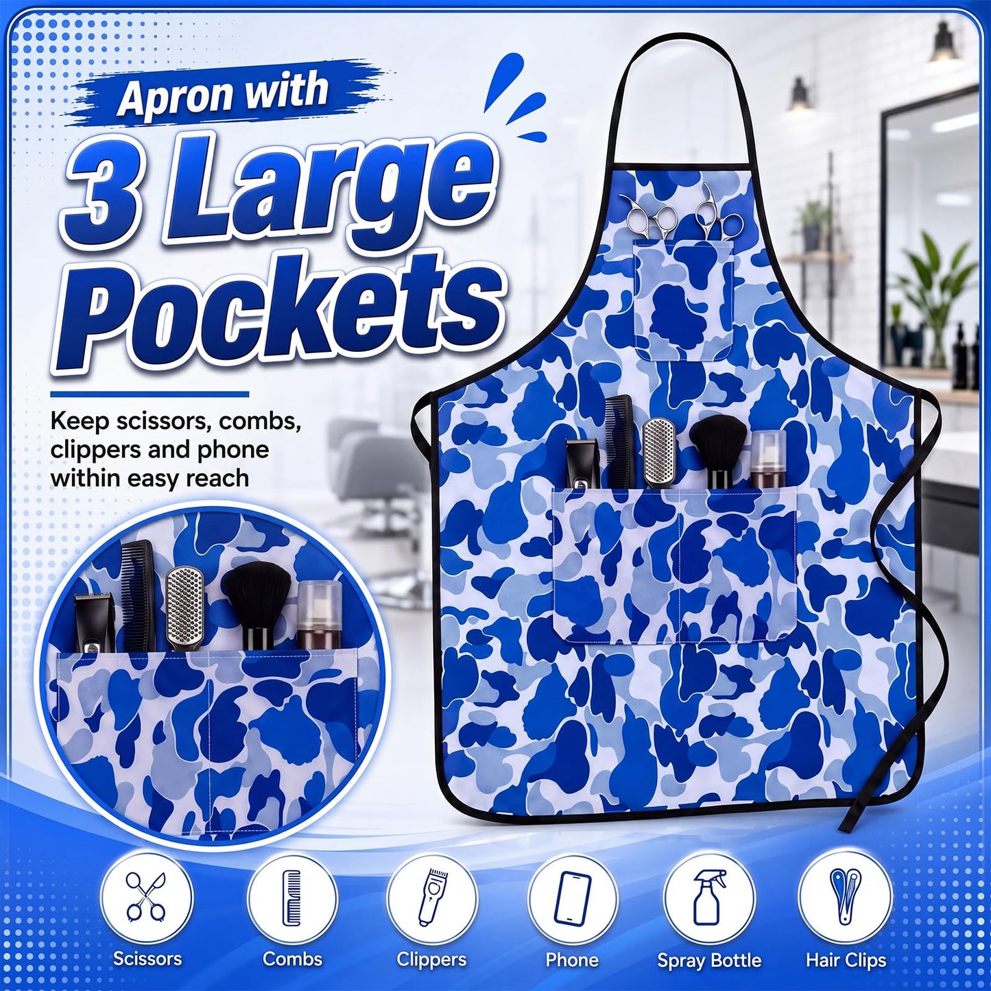 Cuffbow 2 Pcs Blue Camo Barber Cape Set Professional Hair Cutting Cape and Apron with 3 Pockets, Salon Hairdressing for Barbers, Stylists, Home Haircuts, Reusable and Adjustable