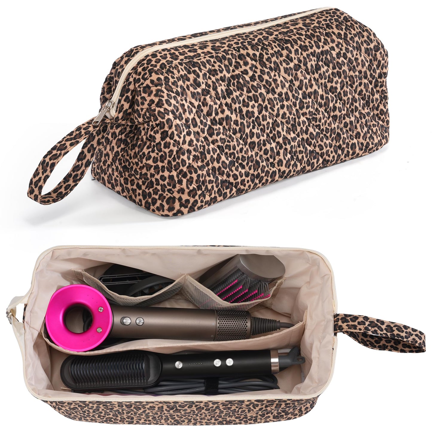 UUYUUY Hair Tools Travel Bag with Divider, Hair Tool Organizer Case for Dyson Airwrap & Shark FlexStyle, Large Capacity Storage Bag for Hair Dryer Curling Iron & Styling Accessories, Leopard