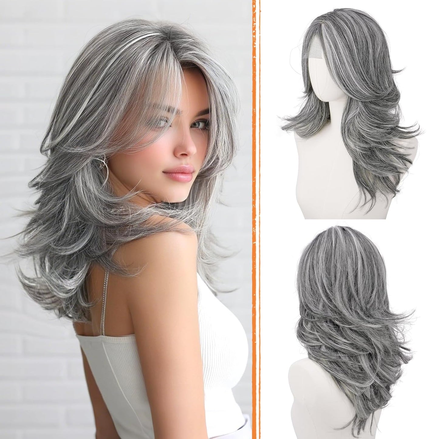 Brown Layered Wig with Curtain Bangs - Long Wavy Synthetic Hair, 20 Inch | Natural Looking Middle Part for Women