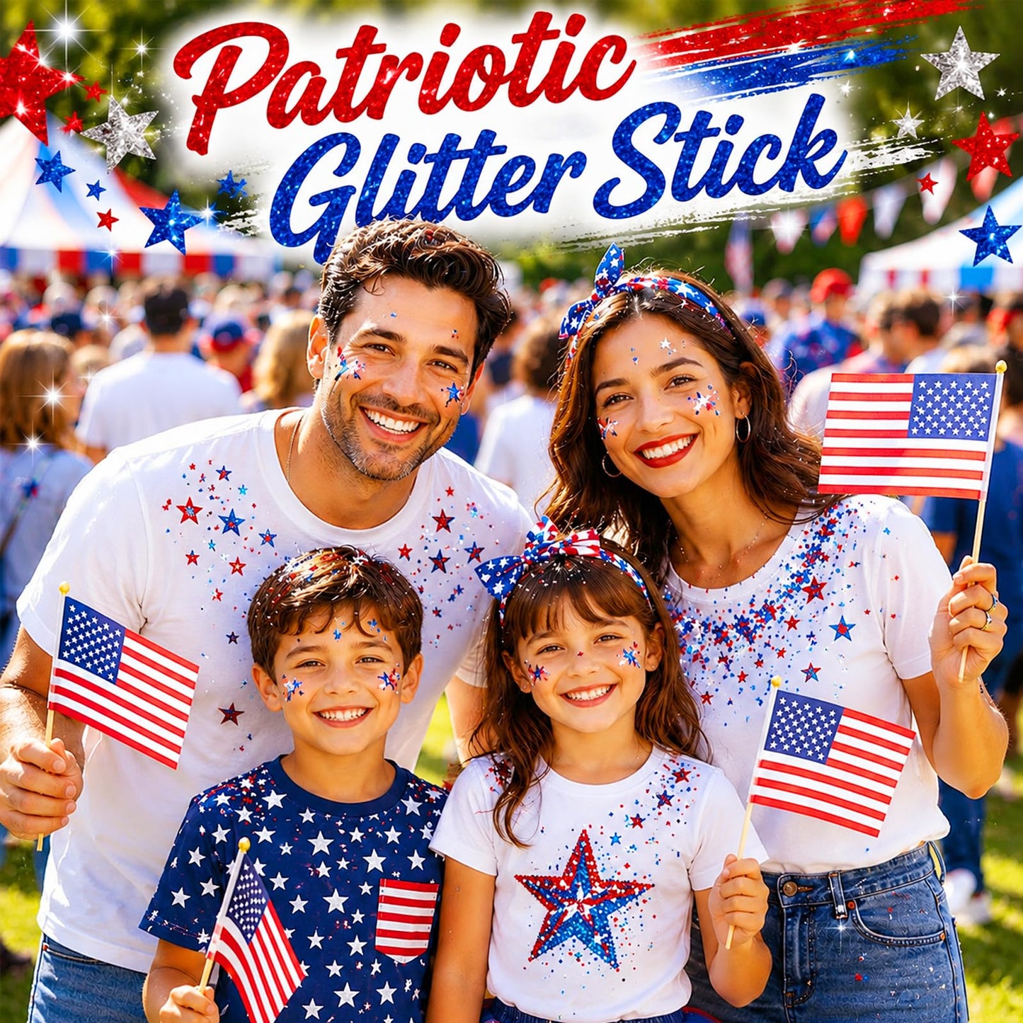 4th of July Body Glitter Stick, Patriotic Hair Face Glitter Stick, Fourth of July Outfits and 250th Anniversary Accessories, USA Flag Accessories for Women, Red White and Blue Waterproof Hair Glitter