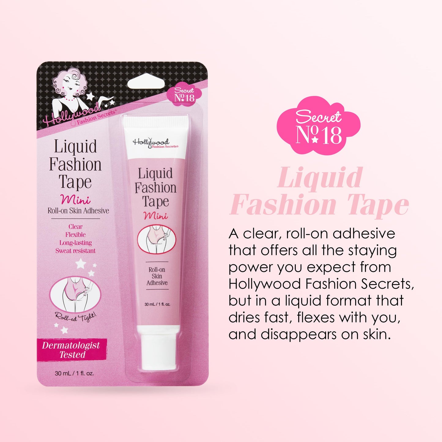 Hollywood Fashion Secrets Liquid Fashion Tape Mini – Clutch Glue Body Adhesive for Clothing, Skin Safe Body Glue for Dresses & Fabric, All Day Hold, Roll-On Skin Adhesive, 1 fl oz