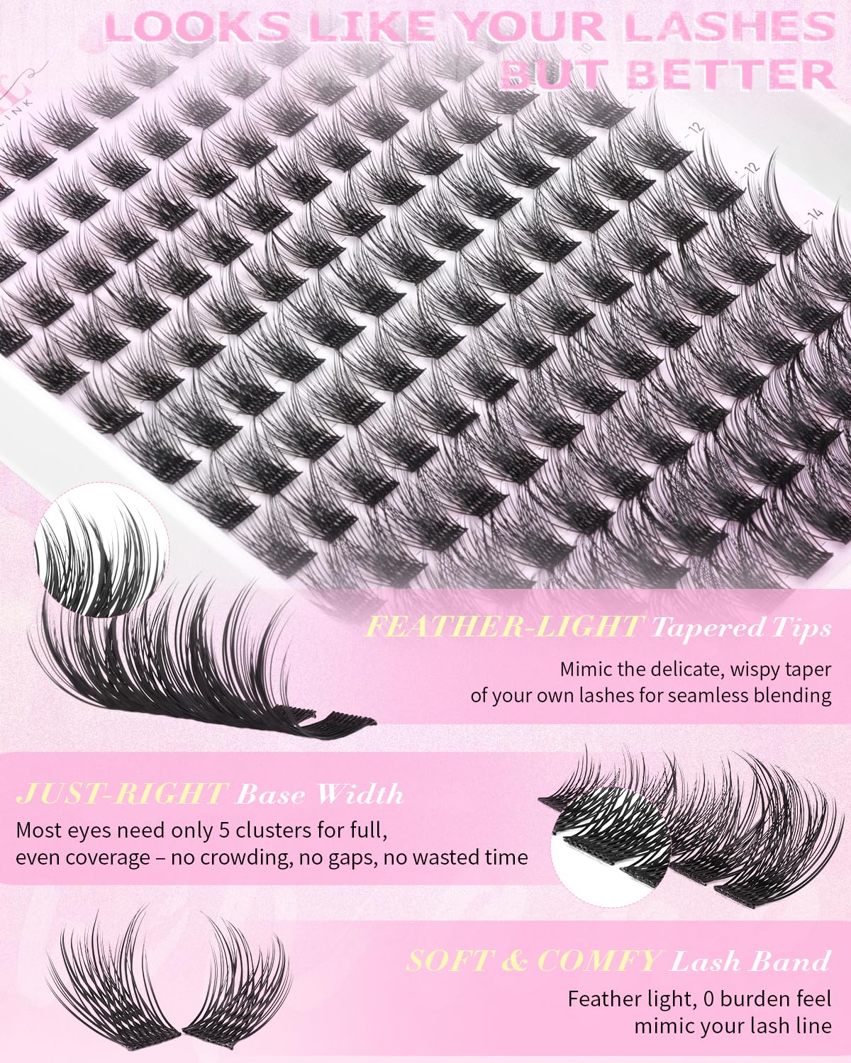 Wispy Lash Clusters Kit 8-16mm Volume Cluster Eyelash Extensions Kit Natural Lashes Clusters with Thin Band D Curl Individual Lashes Eyelashes Clusters Kit for DIY Lash Extensions Daily Makeup