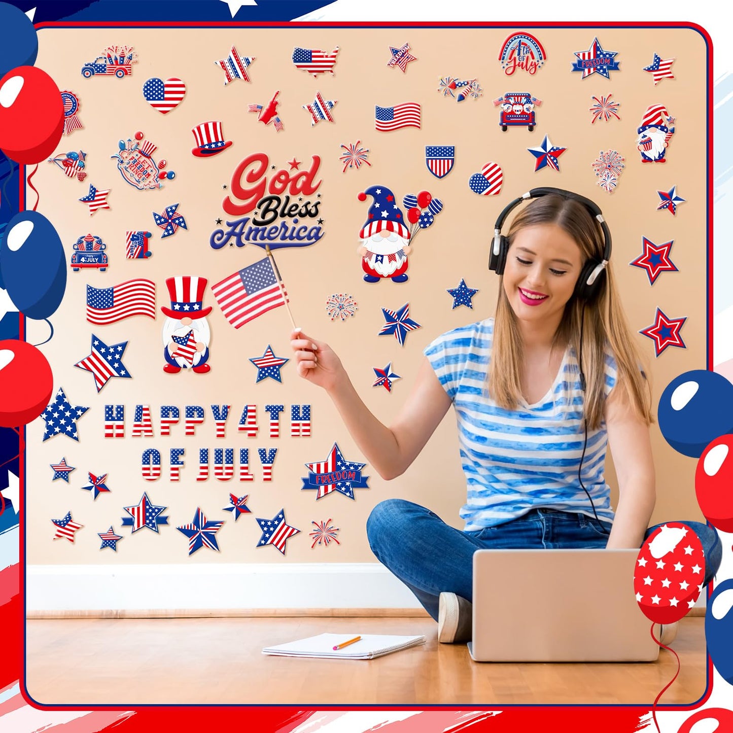 Tellingyou 65 Pcs 4th of July Gel Window Clings Patriotic Stickers Decals Red Blue White American Star Flag Clings for Independence Day Home