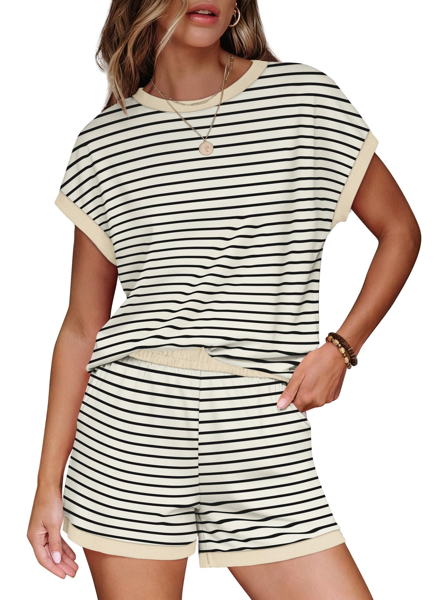 WIHOLL Two Piece Sets for Women Summer Lounge Short Sets Cap Sleeve Crew Neck Sweatsuit with Pocket XS-2XL
