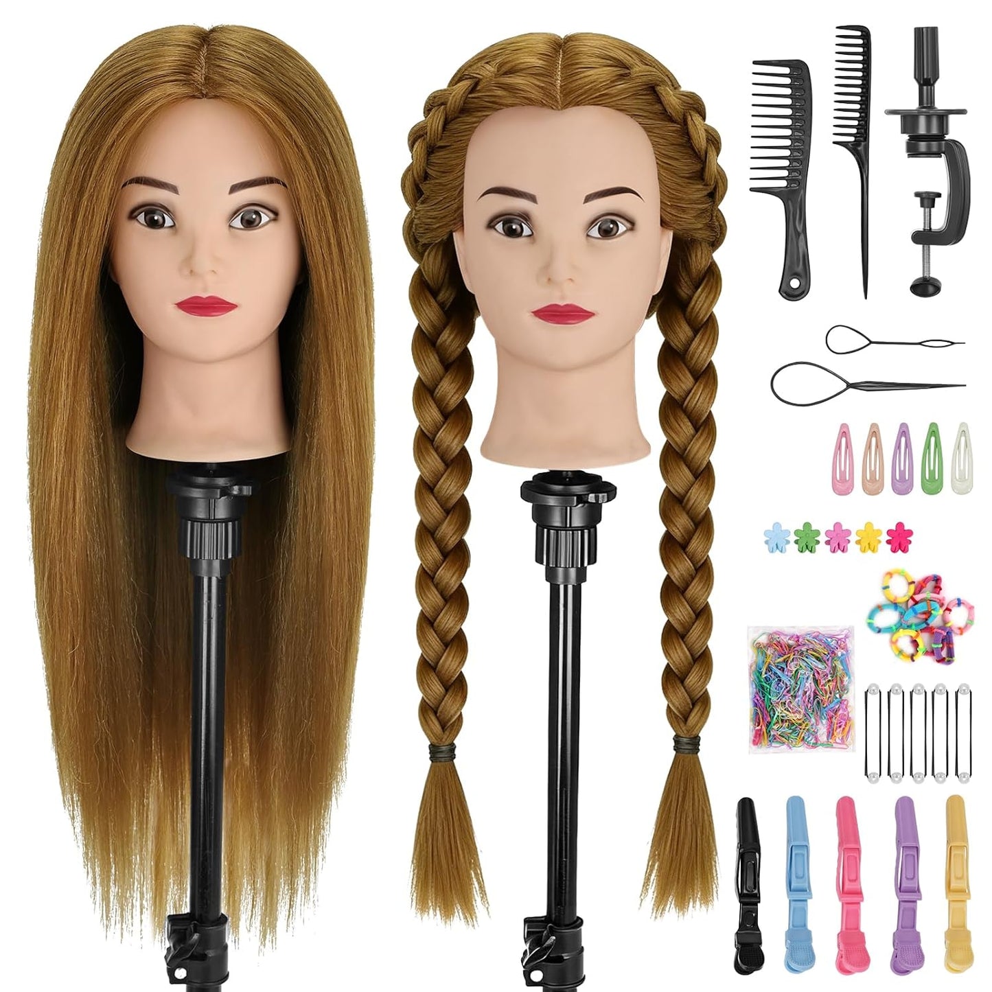 Mannequin Head - 90% Human Hair Styling Doll for Cosmetology | 24" Dark Brown Hairdressing Training Head with Clamp