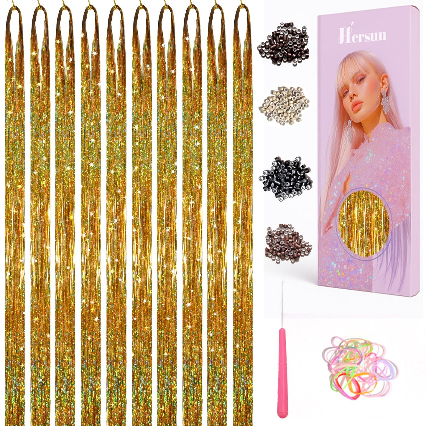 Hersun Hair Tinsel Kit - 10 Colors, 3200 Strands, 48in | Heat-Resistant Fairy Hair Extensions for Parties & Festivals