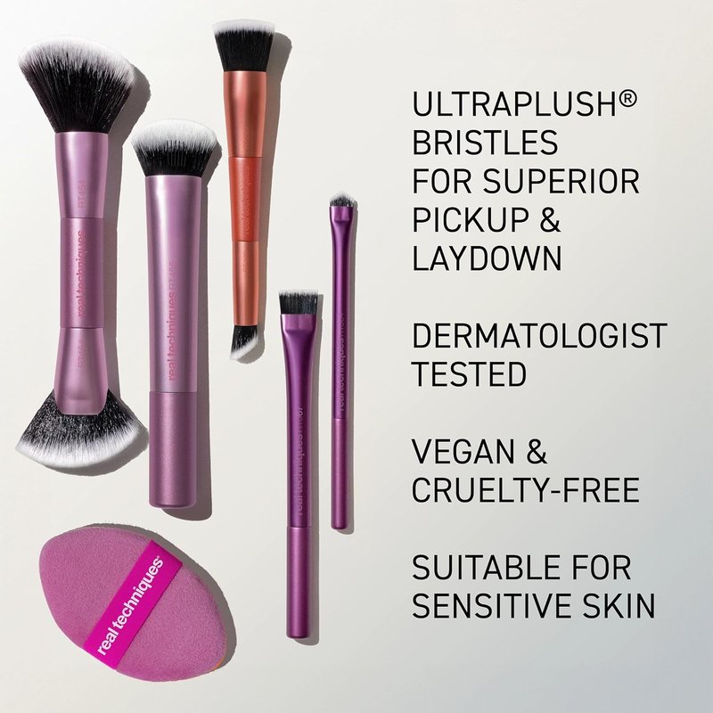 Real Techniques Big Blends Brush Set - 6-Piece Makeup Brush & Puff Kit for Foundation, Concealer, Powder | Travel-Friendly, Vegan