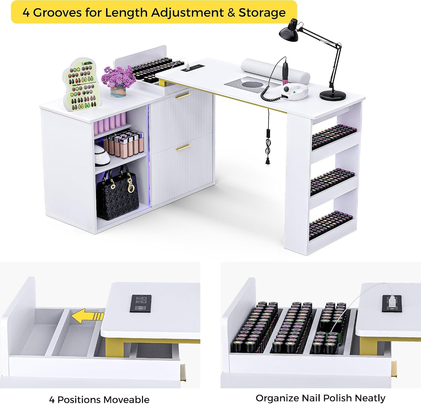 L-Shaped Manicure Table with LED Light - Adjustable Nail Tech Station with Dust Collector & Power Outlets | White