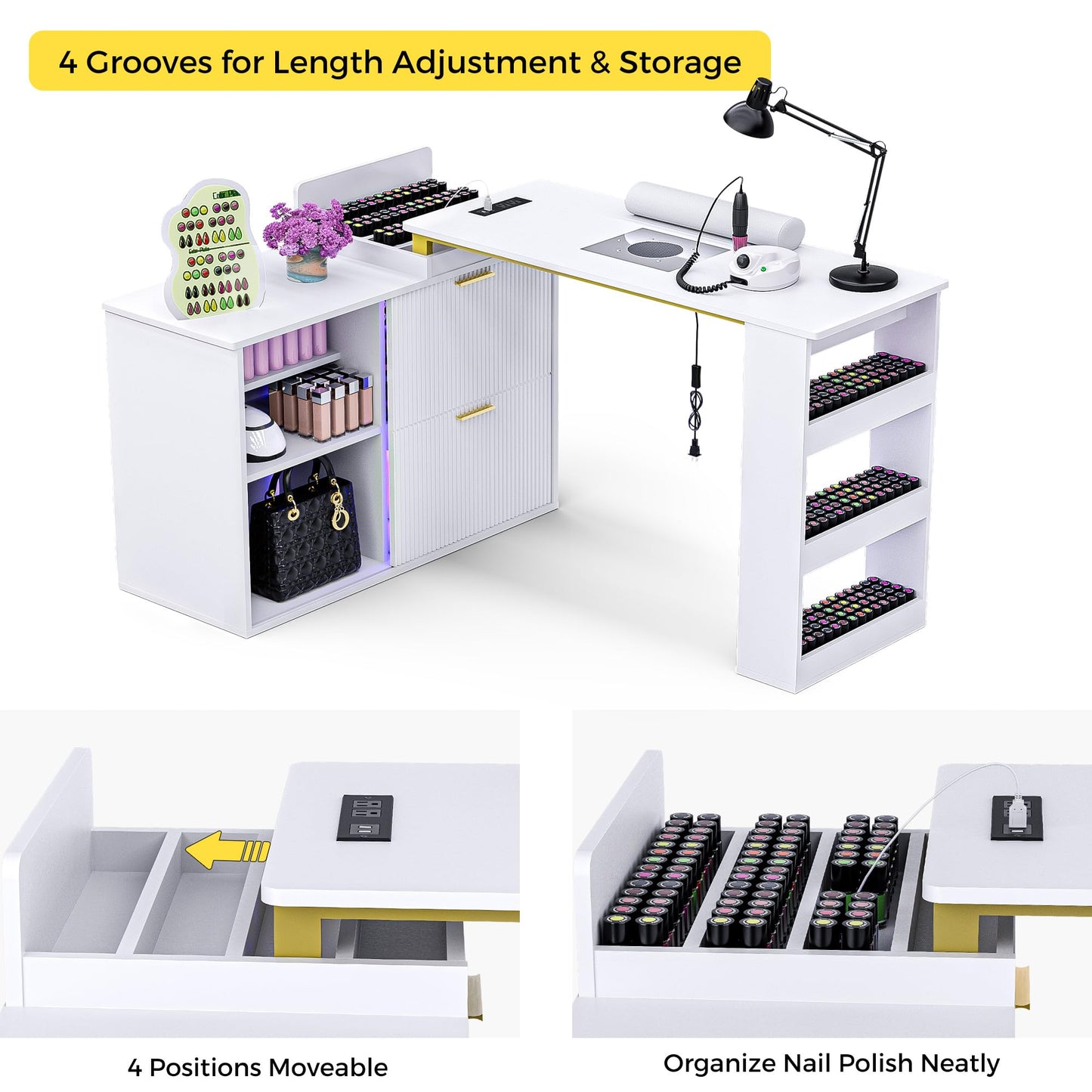 Manicure Table with LED Light, L-Shaped Nail Tech Table w/ Dust Collector & Power Outlets, Corner Nail Station Length Adjustable Nail Desk w/ Sliding Cabinet Door for Home Spa Beauty Salon, White