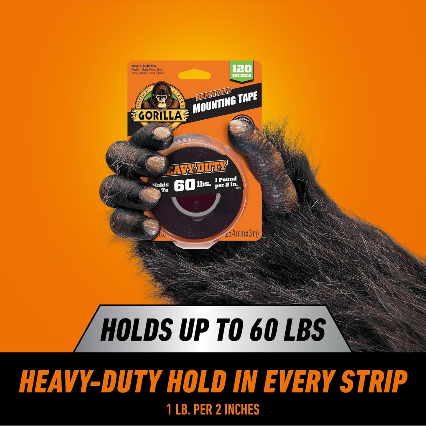 Gorilla Heavy Duty Double-Sided Mounting Tape - Weatherproof Black Adhesive, 1" x 120" for Indoor/Outdoor Use