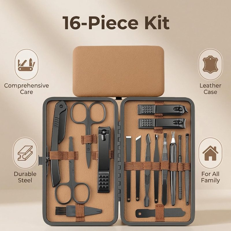 Luxury Stainless Steel Nail and Foot Repair Kit - 16PCS Professional Nail Clippers in Premium Leather Case