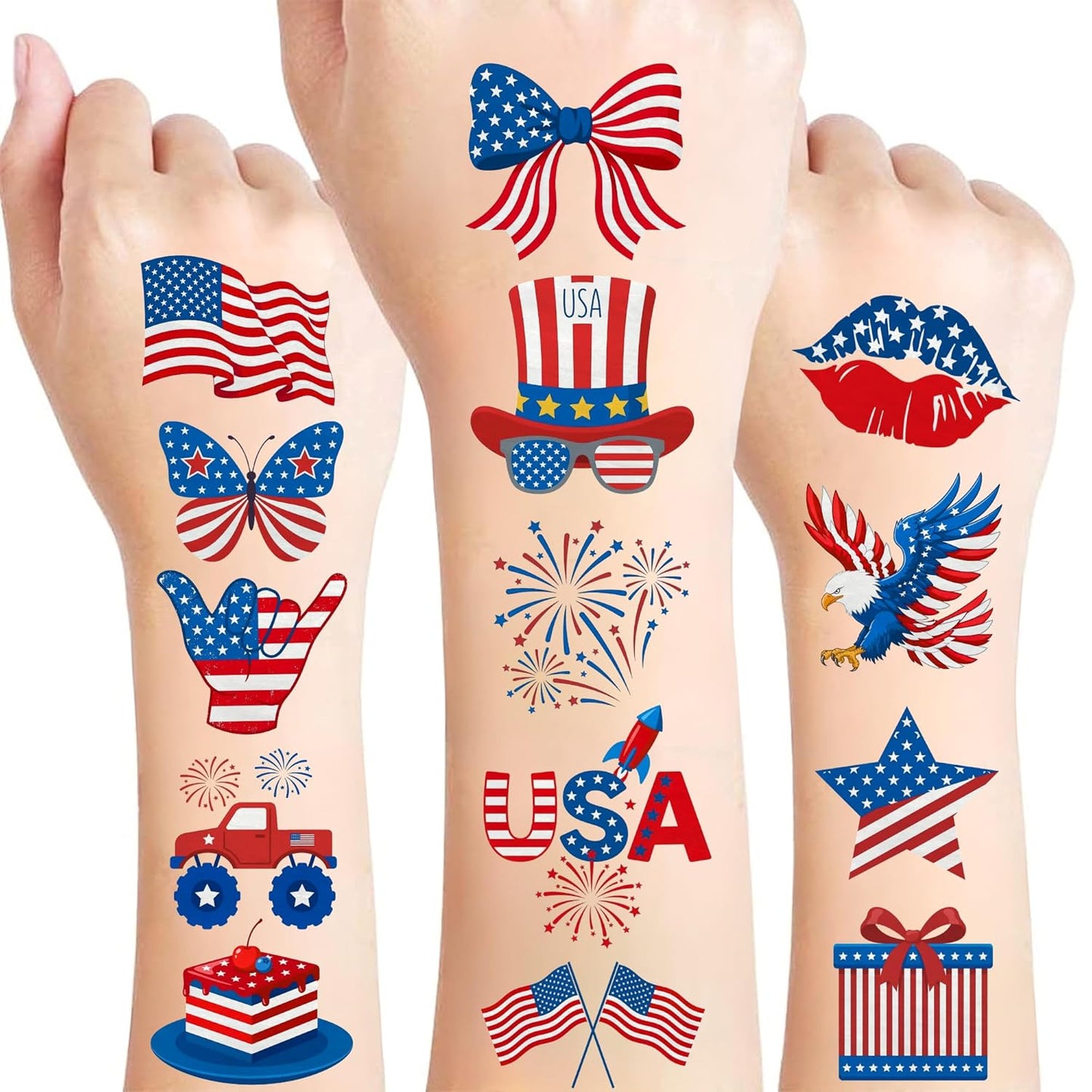 Fourth of July Temporary Tattoos - 85Pcs Patriotic Party Favors | Red, White & Blue Designs