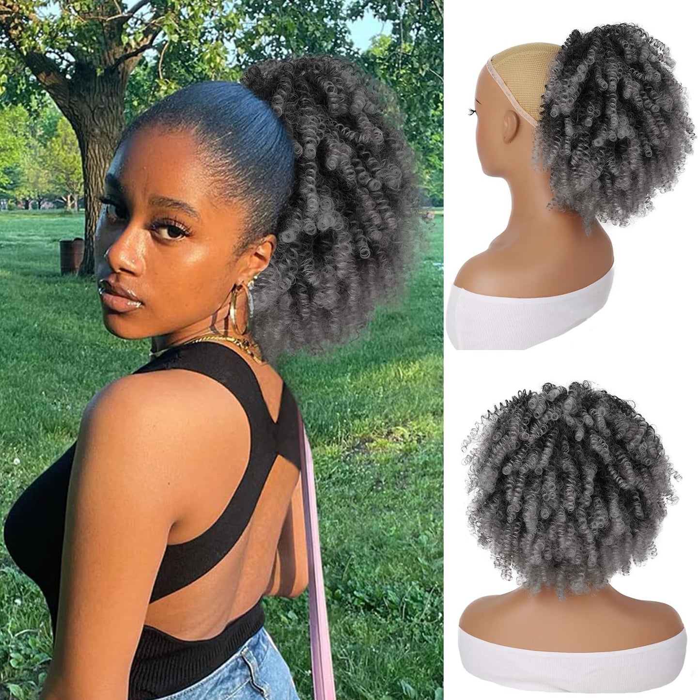 G&T Wig Afro Kinky Curly Drawstring Ponytail Extension for African Black Women Short Afro Puff Curly Synthetic Hairpieces for Daily (Ombre Grey)