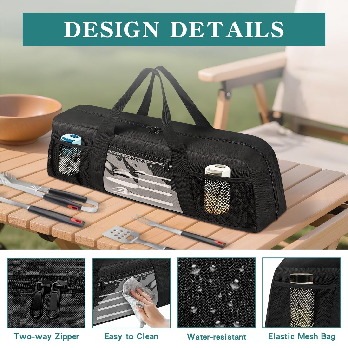 BOHEMIABY Grill Utensil Storage Bag, Large BBQ Tool Organizer Holder Caddy Case with Pockets, Fits up to 20" Tools, for Outdoor Grilling, Camping, Picnic, Barbecue Accessories (Bag Only, Black)