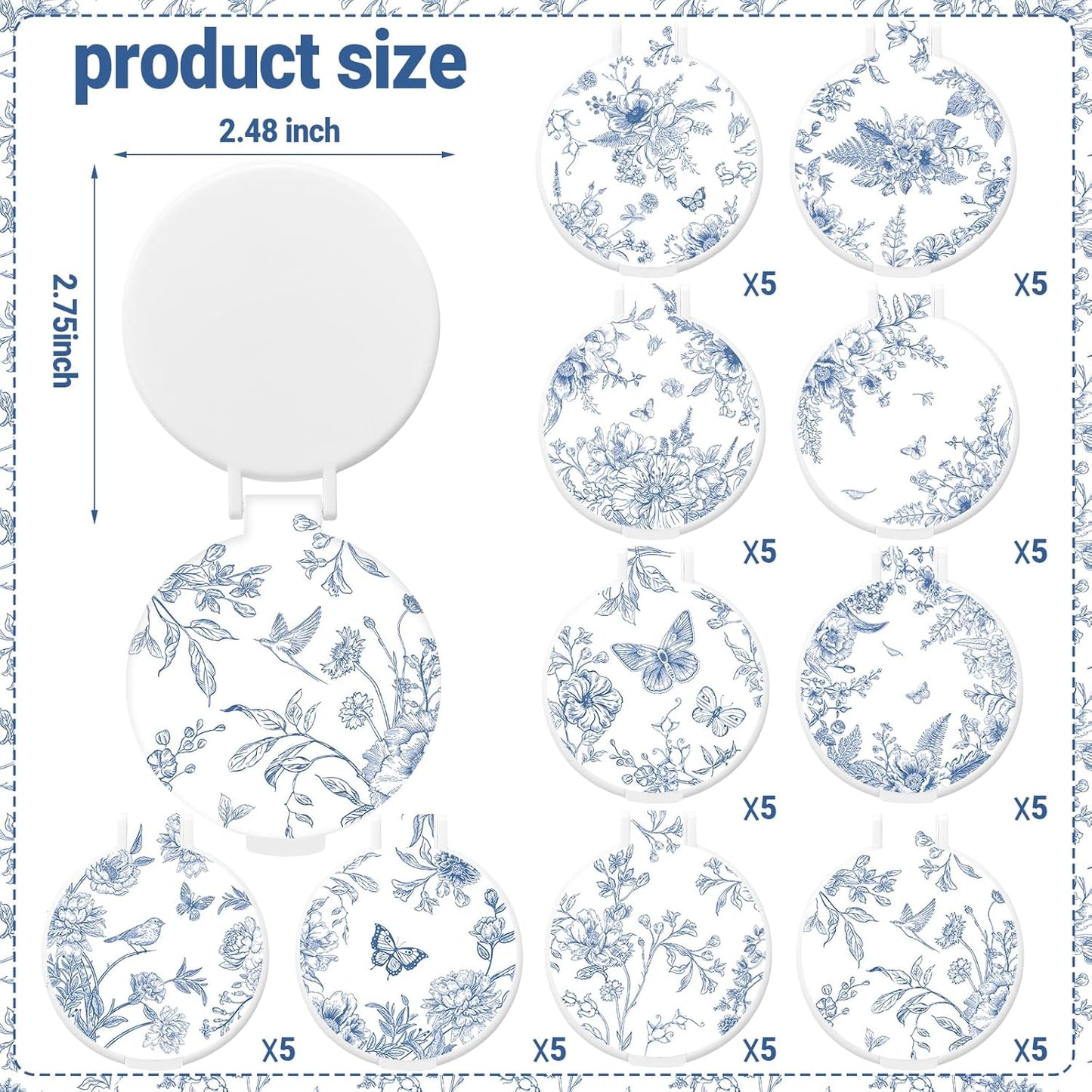 Blue Porcelain Compact Mirror Set - 50 Pcs Round Folding Makeup Mirrors | Portable Purse Size Gifts for Women
