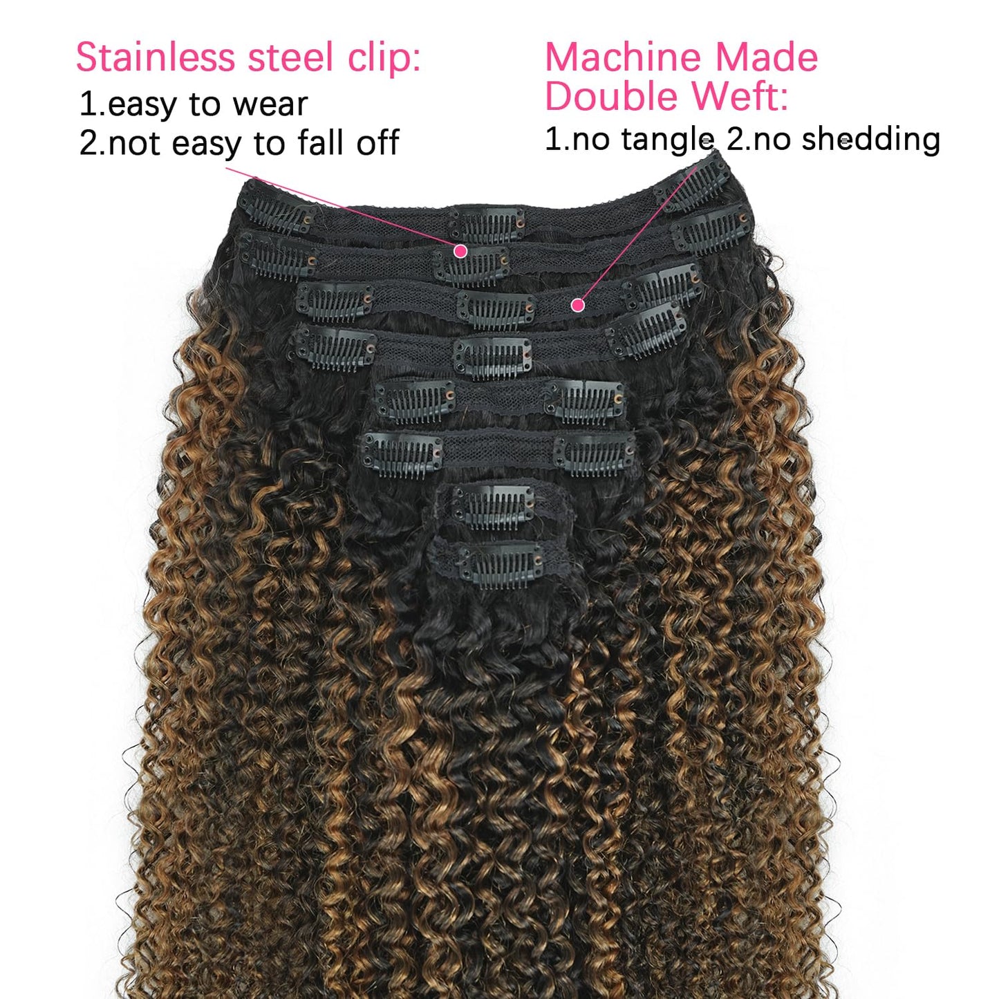 Mihugass 3c 4a Curly Clip in Hair Extensions T1BP1B/30 Omber Kinky Curly Clip ins For Women Brazilian Virgin Clip on Hair (22inch,T1BP1B/30)