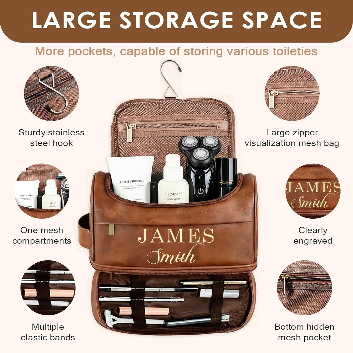 Personalized Toiletry Bag - Custom Engraved Leather Travel Kit | Waterproof Shaving Bag for Men, Great Gift for Dad, Husband, Groomsmen