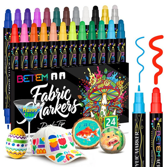 Betem 24 Colors Dual Tip Acrylic Paint Markers, Fabric Decorating Kits Premium Water-Based Acrylic Paint Pens Art Supplies for Fabric, Rock, Wood, Glass, Canvas, Ceramic, Teacher Appreciation Gift