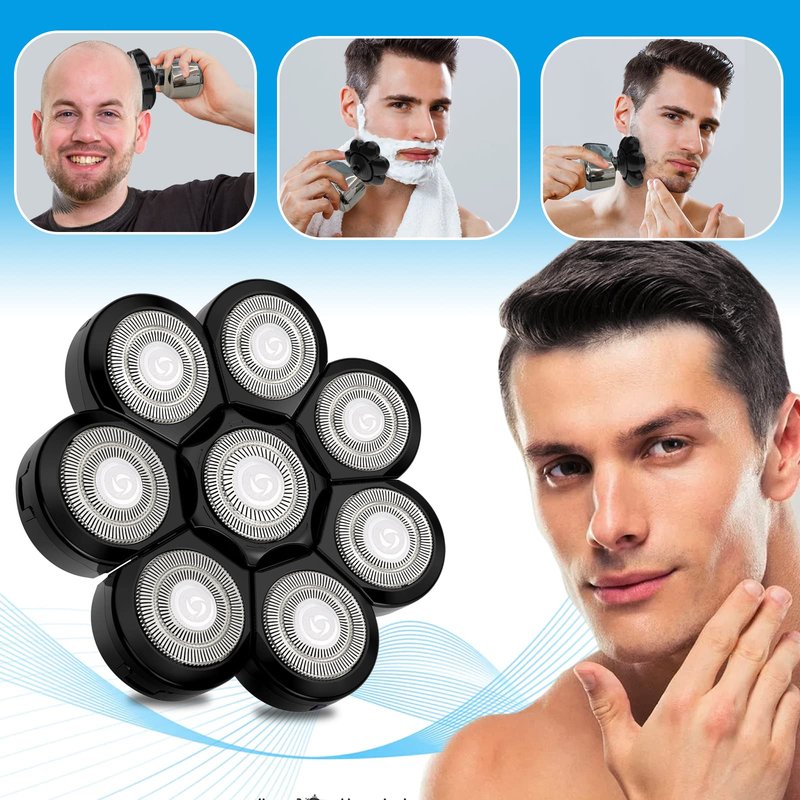 Electric Shaver Replacement Heads 8D - 8 Blades Head Shaver Black Replacement Universal Stainless Steel Rotary Blade Refills for Bald Head Razor for Men (8 Heads Black)