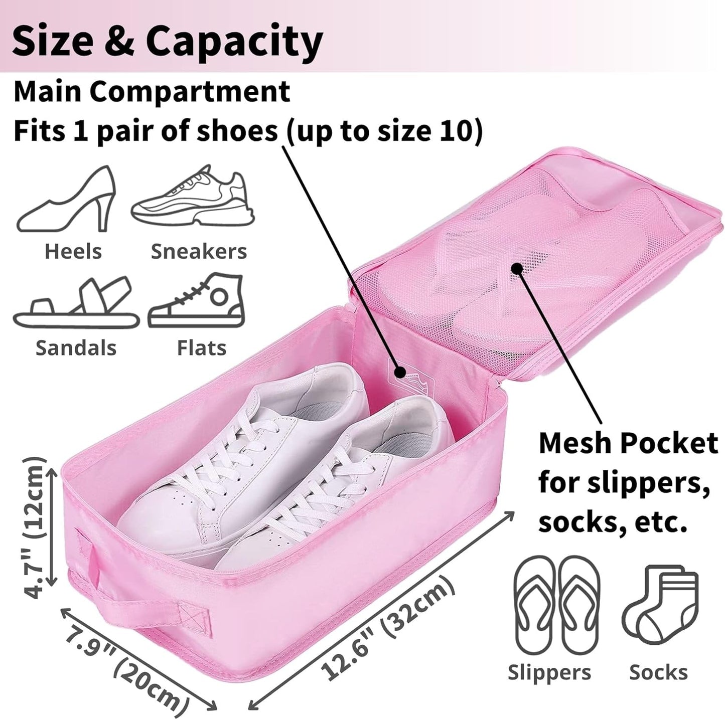 Travel Shoe Bag - Holds 2 Pairs of Shoes | Durable Packing Cubes for Travel (Pink, 2 Pack)