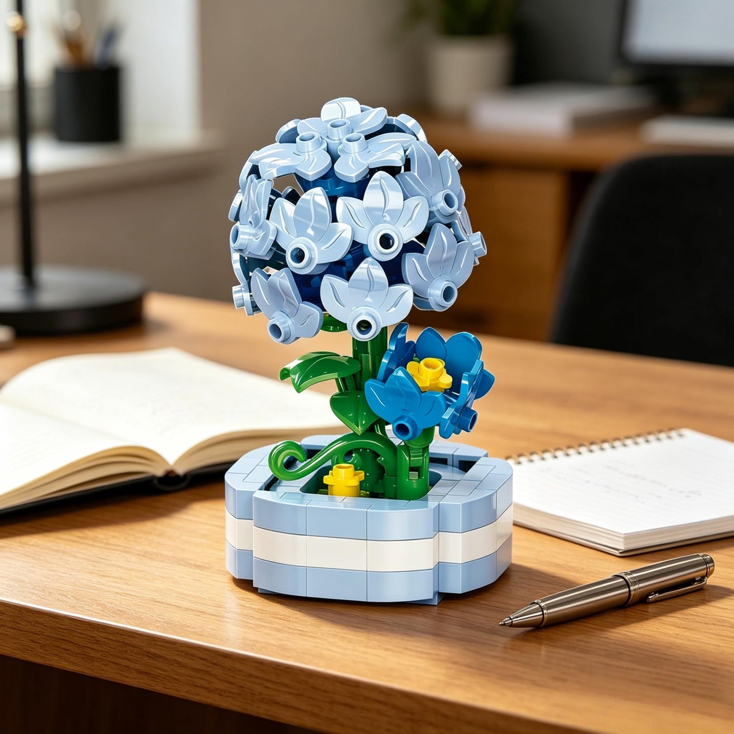 Hydrangea Hand-Assembled Figurine with Display Base, Mini Flower Desk Decor, Hydrangea Theme Collectible Statue for Home Office Shel