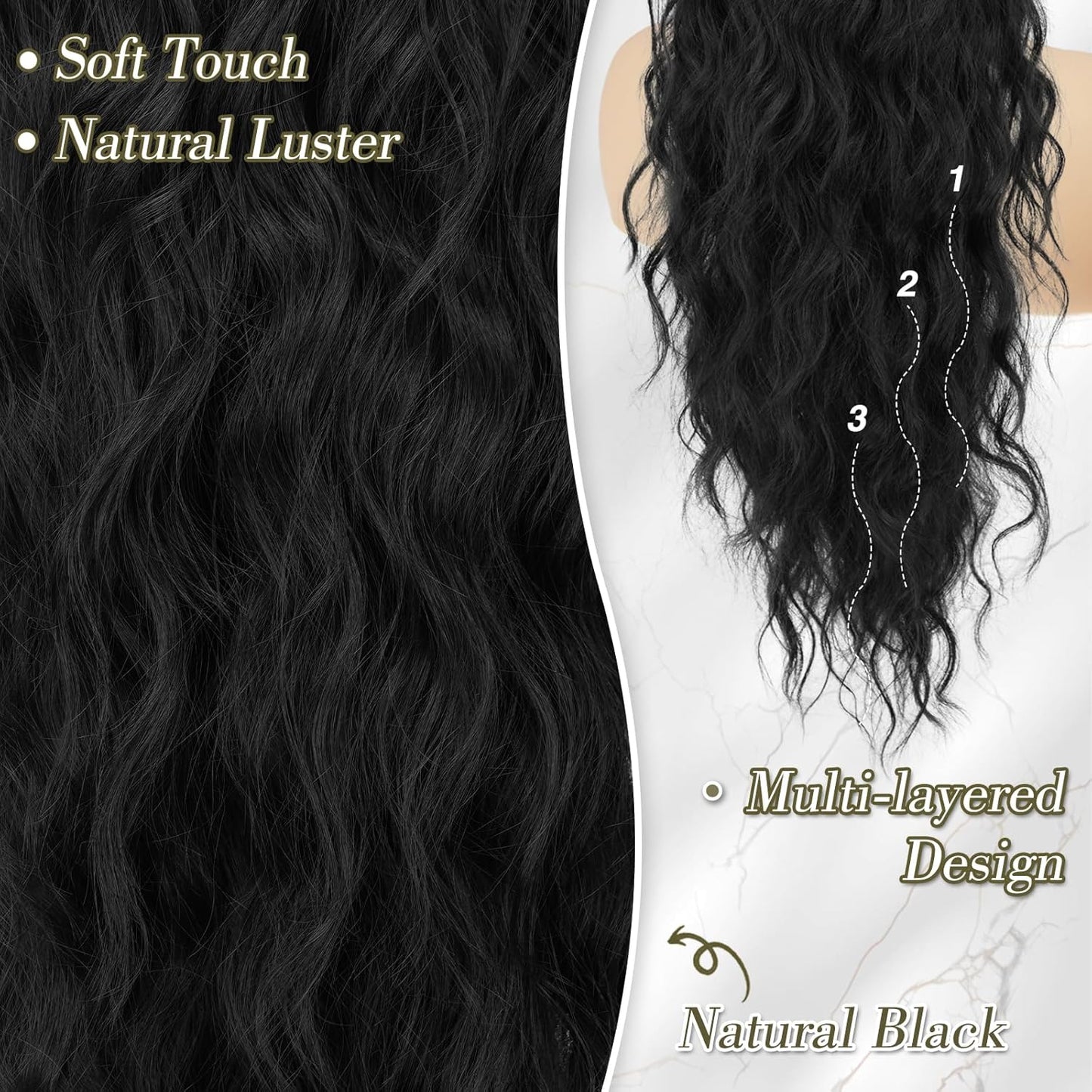 Black Ponytail Extensions - 26-Inch Long Wavy Drawstring Ponytails for Women | Synthetic Clip-In Hairpieces