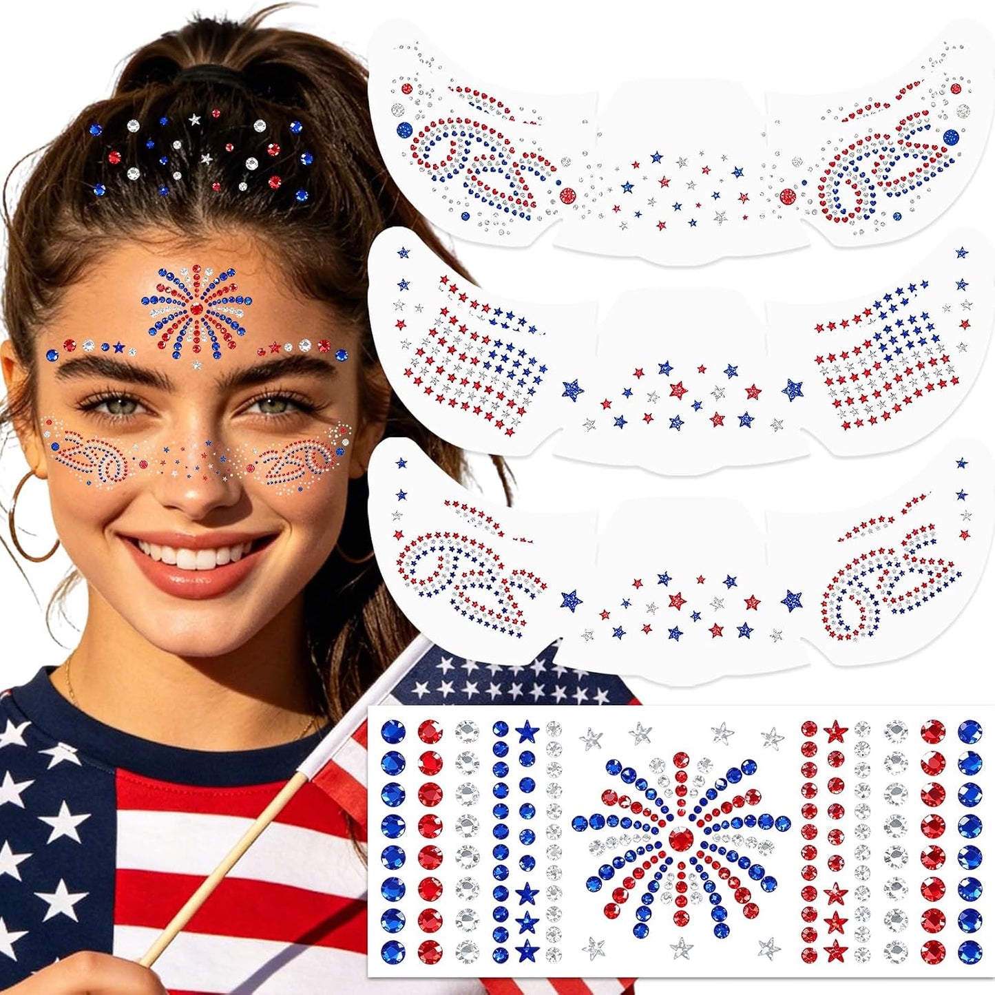 Mysense Waterproof 4th of July Temporary Tattoos - Red, White & Blue Glitter Face Stickers | Easy Application, 6 Sheets