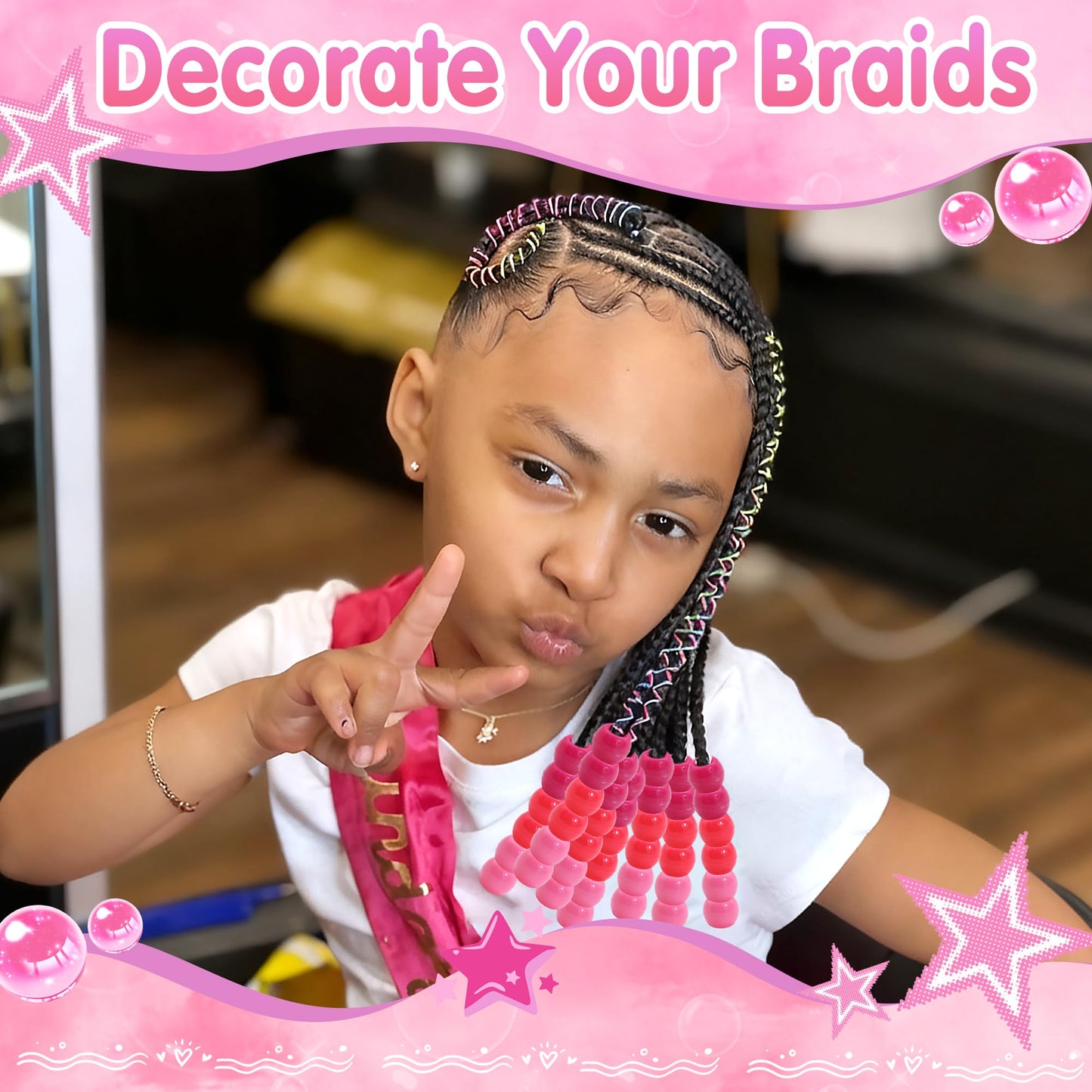 NAISKA 60PCS Pink Hair Beads Large Hole Bead for Hair 5 Colors Acrylic Round Dreadlock Beads Gradient Pink Braids Accessories for Kids Girls