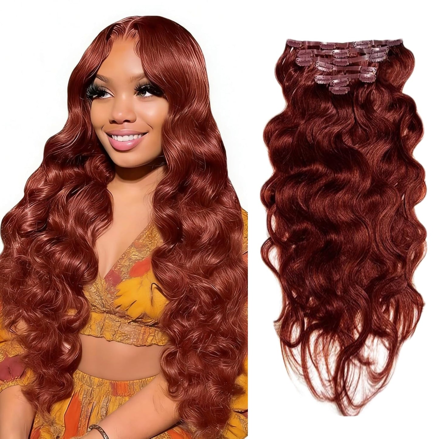 #33 Reddish Brown Clip in Hair Extensions Real Human Hair, 30 Inch 120g/7Pcs,Full Shine Remy Human Hair,Copper Red Long Wave Clip ins Brazilian Virgin Human Hair Extensions