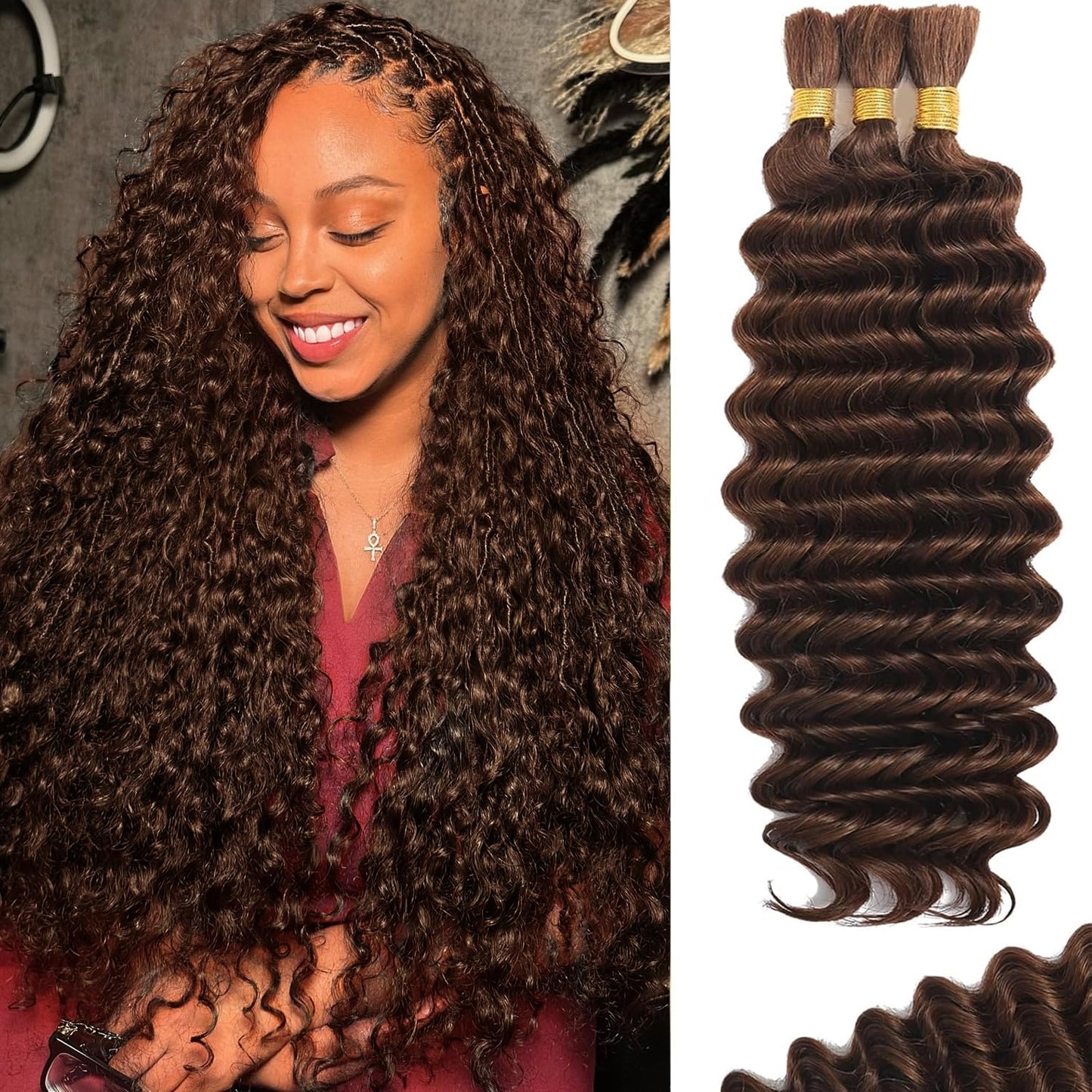 BIZVUS Human Braiding Hair for Boho Braids 110g Deep Wave Boho Bulk Human Hair for Braiding Knotless 12A Wet and Wavy Bulk Bohemian Curly 3 Bundles/Pack #4 Chocolate Brown Color 20 inch