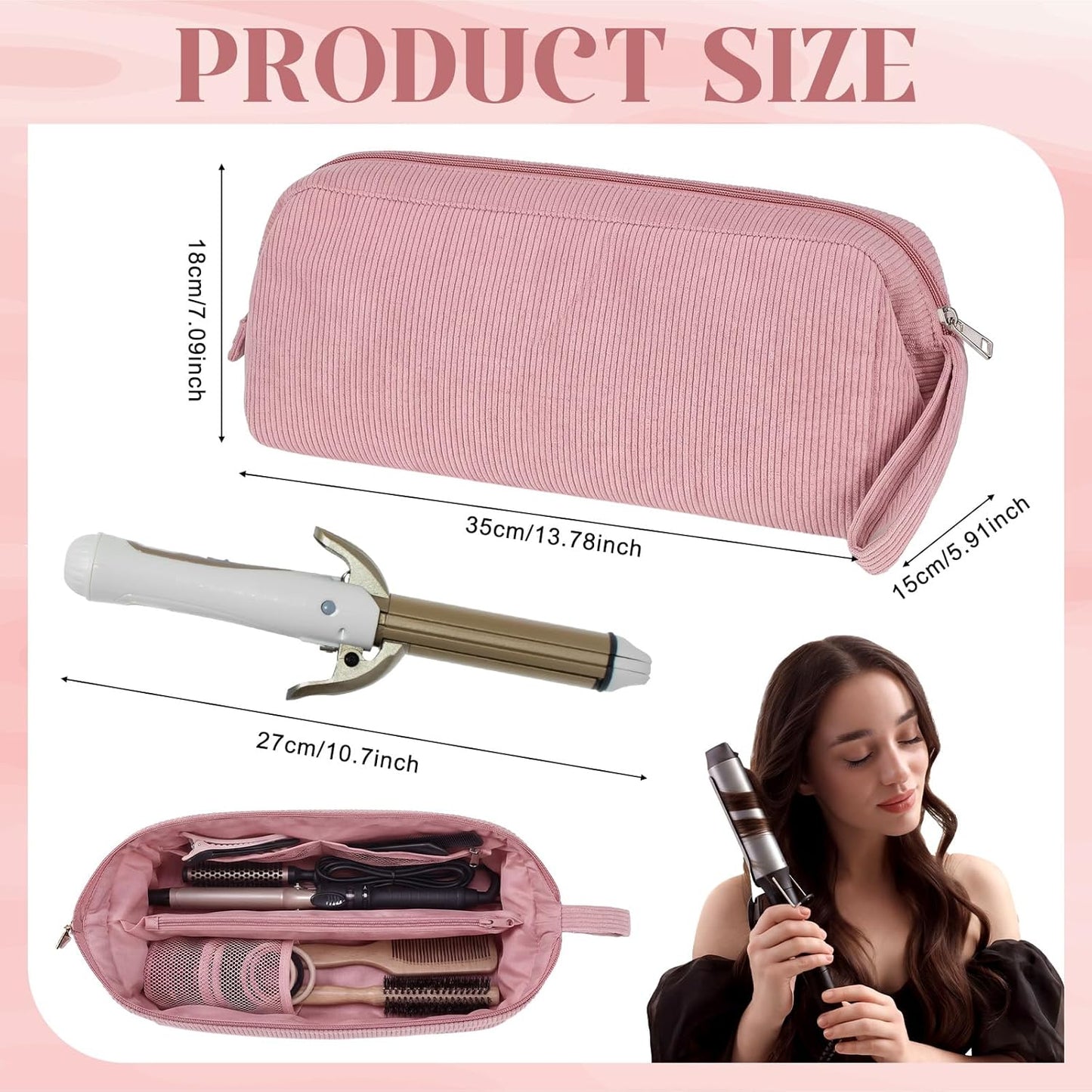 Travel Hair Tools Organizer Bag - Large Pink Corduroy with Handle | Hot Styling Tools & Accessories Storage