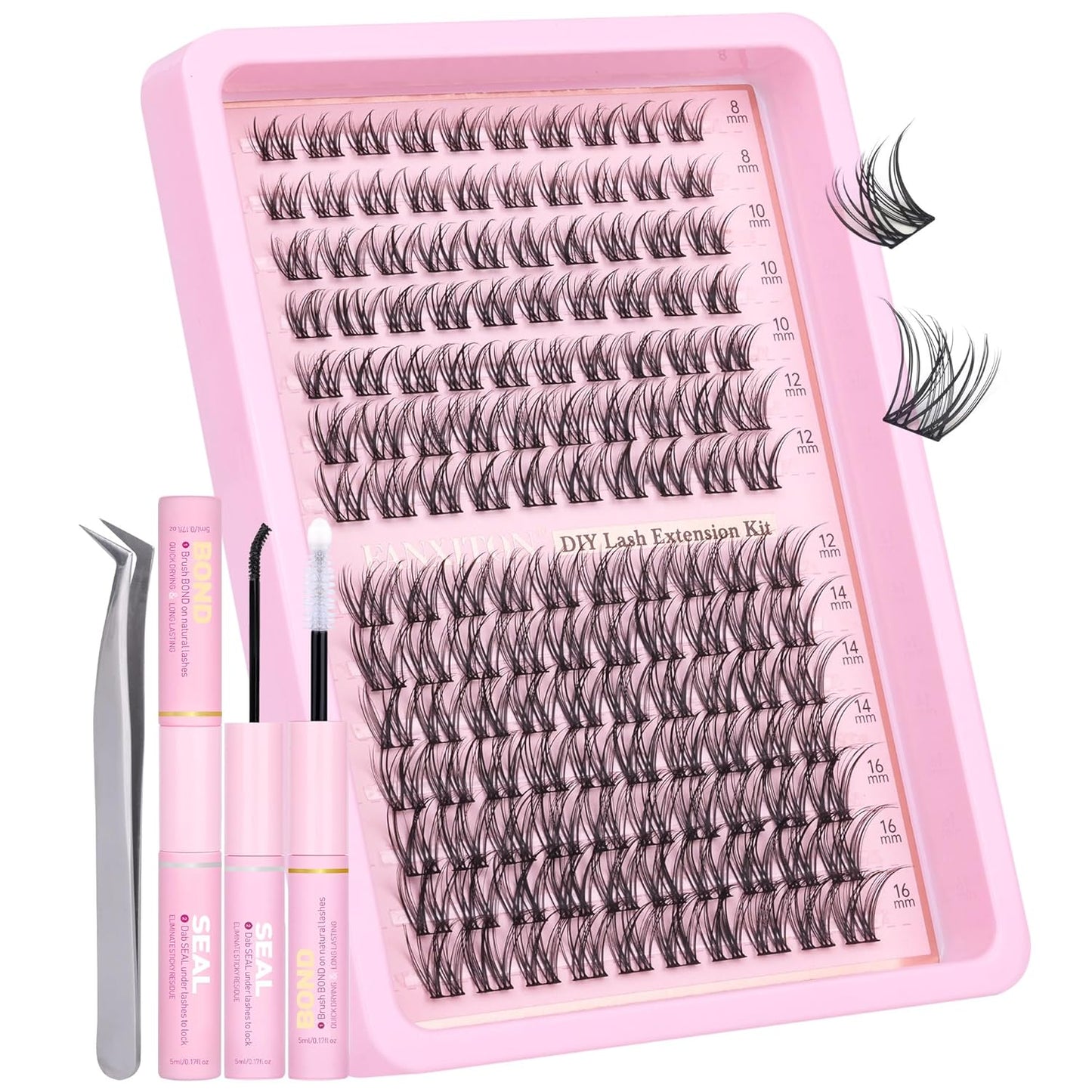 DIY Eyelash Extension Kit - Thick Volume 40D & 50D Cluster Lashes | 280 Pieces with Bond & Tweezers