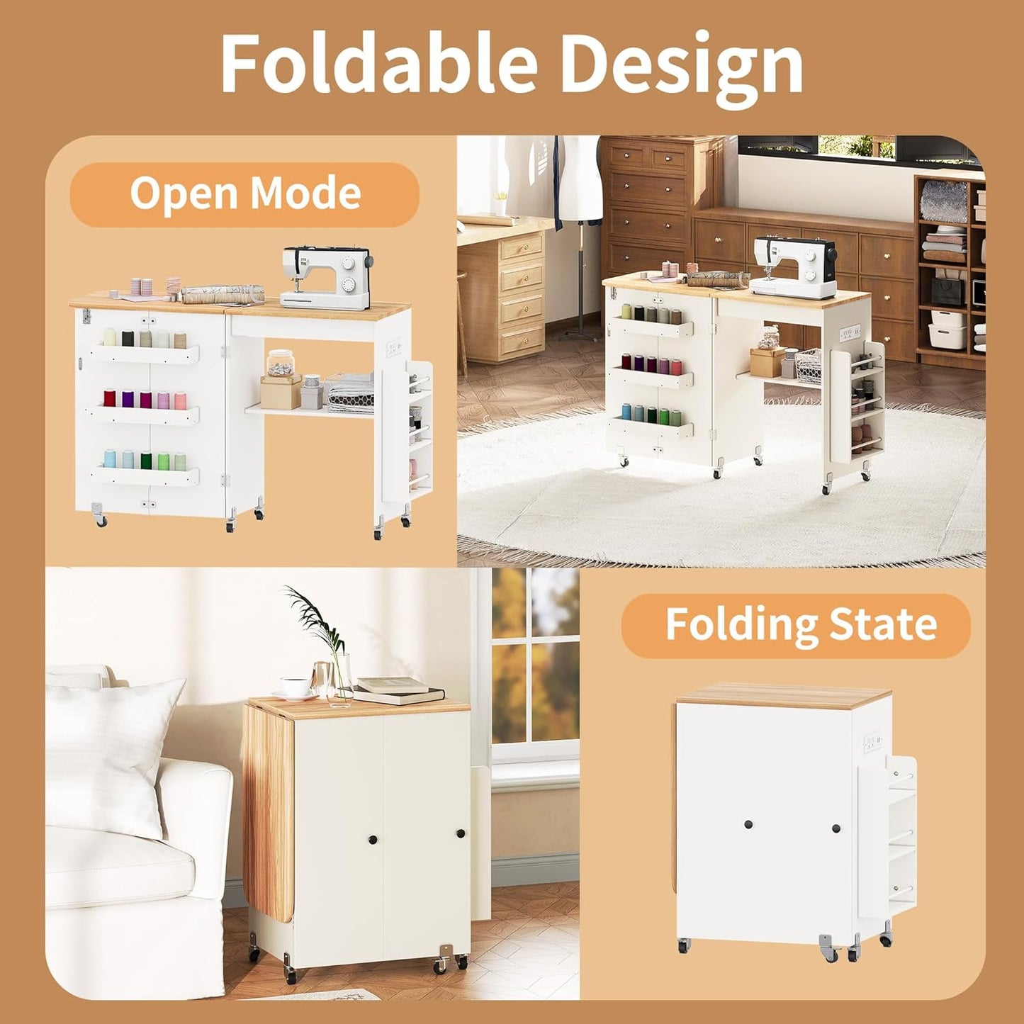 Sewing Table with Storage - Folding Design with Charging Station & Lockable Casters | White